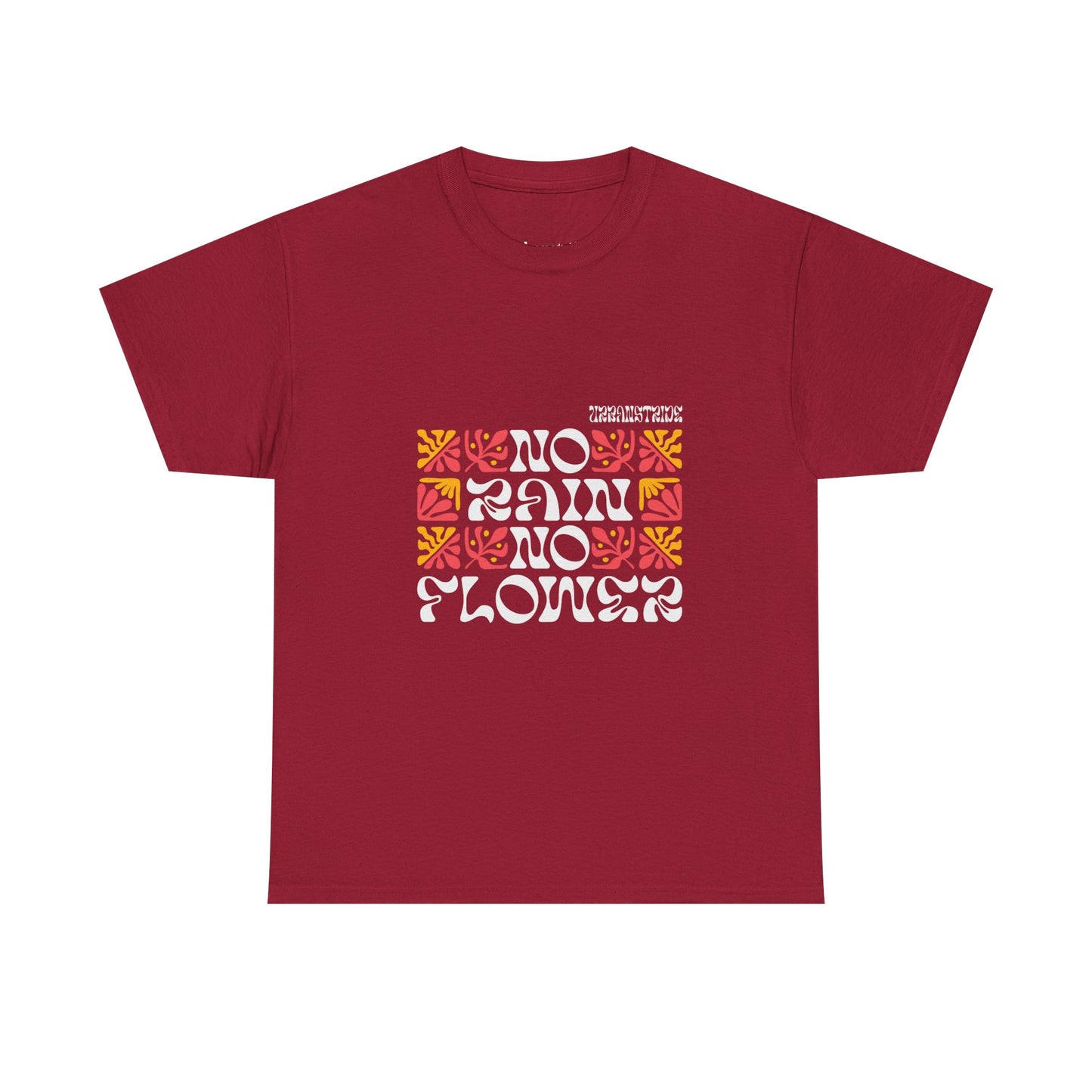 T-shirt con scritta "No rain no flowers"